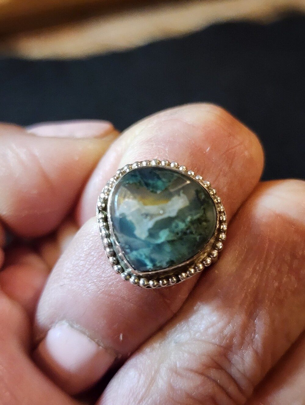 GREEN MOSS AGATE RING HANDMADE IN STERLING SILVER METAL SIZE 8